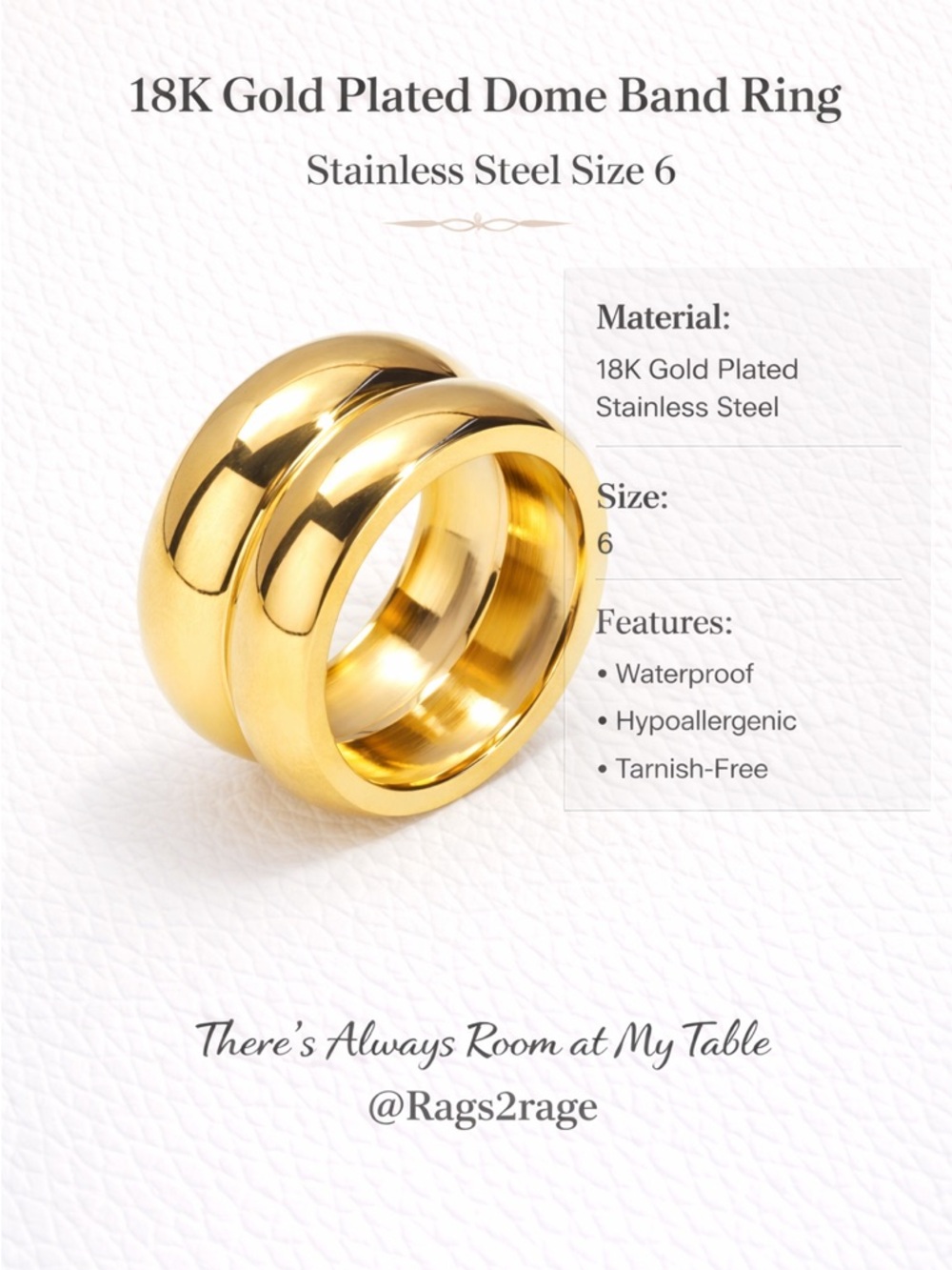 18K Gold Plated Dome Band Ring Stainless Steel Size 6 Waterproof